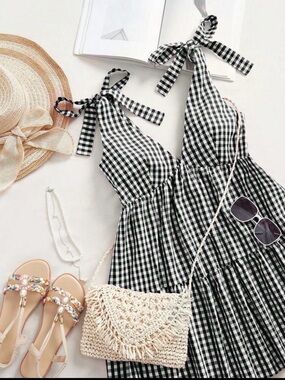 Black & White Gingham Tie-Shoulder Sundress